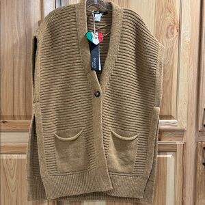 Women’s Tan Ribbed Oversized Cardigan Sweater Vest Wool Blend Italian Size L